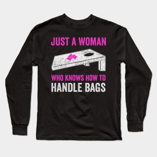 Just A Woman Who Handles Bags Funny Cornhole Women Long Sleeve T-Shirt